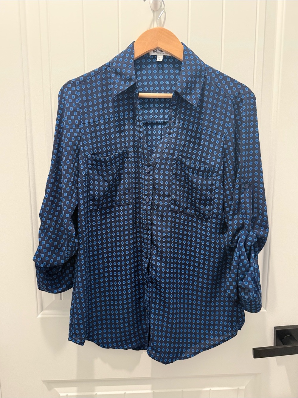 Express Navy and Light Blue Geometric Button-Down Shirt